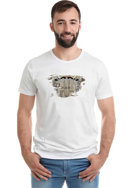 LED Zeppelin Baskılı Beyaz Erkek Örme Tshirt