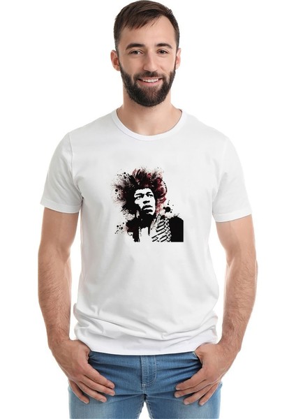 Jimi Hendrix Baskılı Beyaz Erkek Örme Tshirt