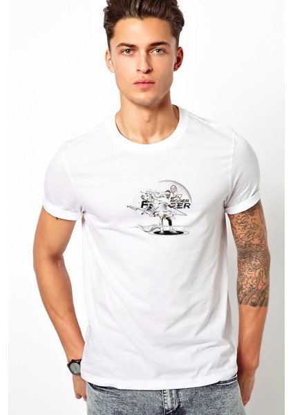 Roger Federer Pic1 Baskılı Beyaz Erkek Örme Tshirt