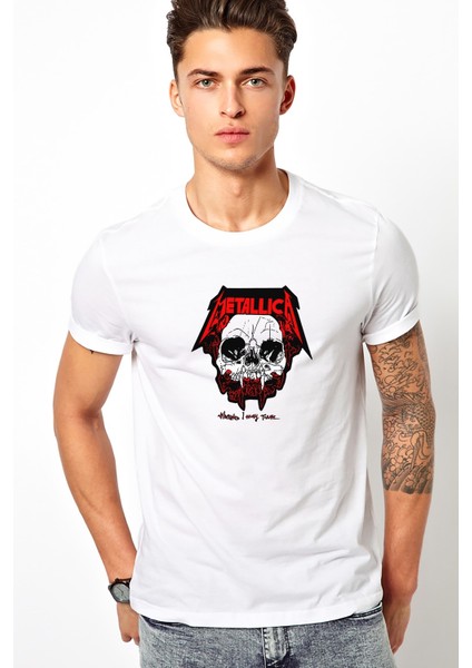 Metallica Kurukafa Baskılı Beyaz Erkek Örme Tshirt