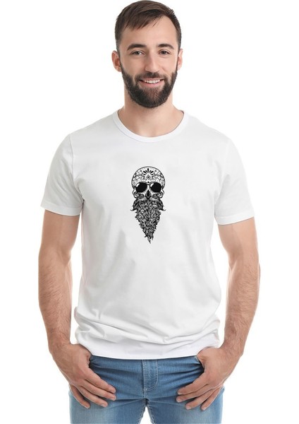 Sakallı Skull Siyah Baskılı Beyaz Erkek Örme Tshirt
