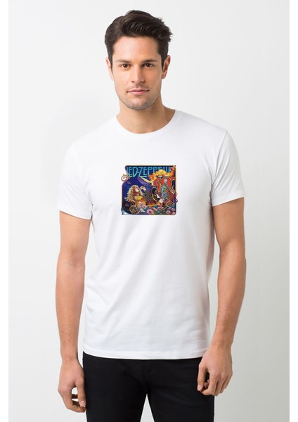LED Zeppelın Group 2 Metal Rock Baskılı Beyaz Erkek Örme Tshirt
