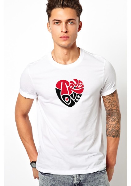 True Love Baskılı Beyaz Erkek Örme Tshirt