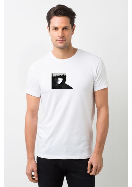 Mr Robot Baskılı Beyaz Erkek Örme Tshirt
