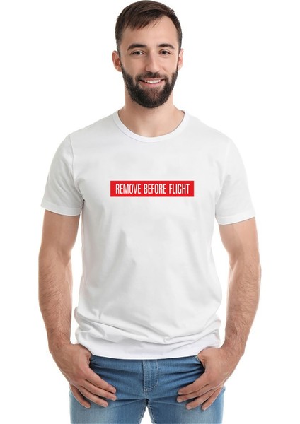 Remove Before The Flight Baskılı Beyaz Erkek Örme Tshirt