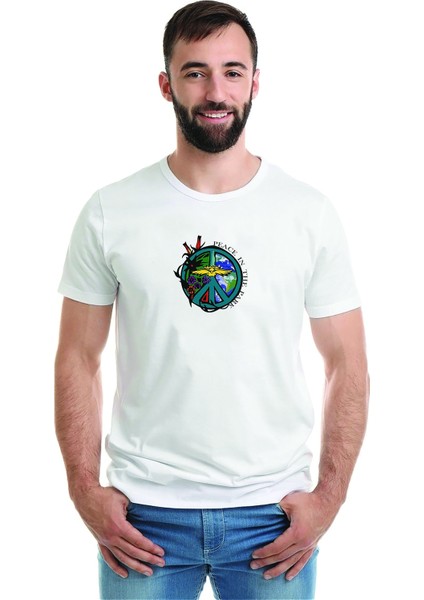 Mother Earth Peace In The Park Baskılı Beyaz Erkek Örme Tshirt