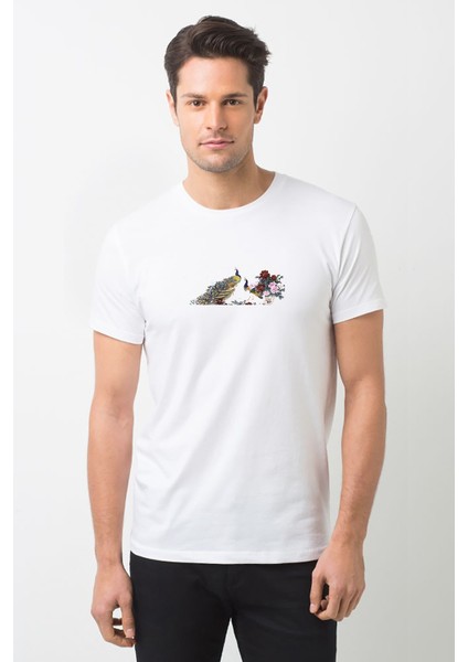 Sarı Mavi ve Pembe Tavus Kuşu Baskılı Beyaz Erkek Örme Tshirt