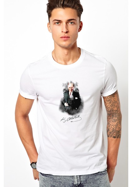 Ulu Önder Mustafa Kemal Atatürk Baskılı Beyaz Erkek Örme Tshirt