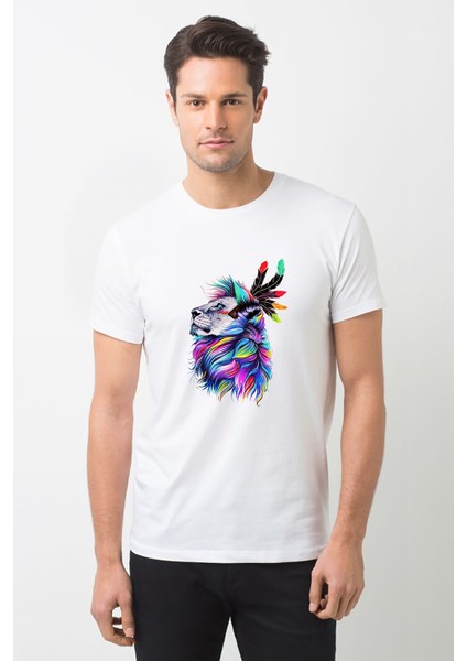 Kağıt Rengi Boyama Tuval Çizim Aslan Baskılı Beyaz Erkek Örme Tshirt