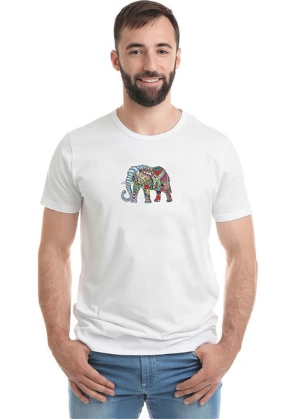 Mandala Çizim Asya Fili Boyama Baskılı Beyaz Erkek Örme Tshirt