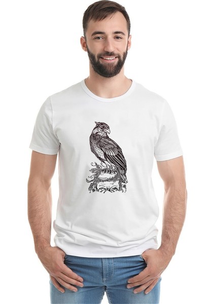 Kafatası Resimde Tıraşlama Gri Kuş Yırtıcı Baskılı Beyaz Erkek Örme Tshirt