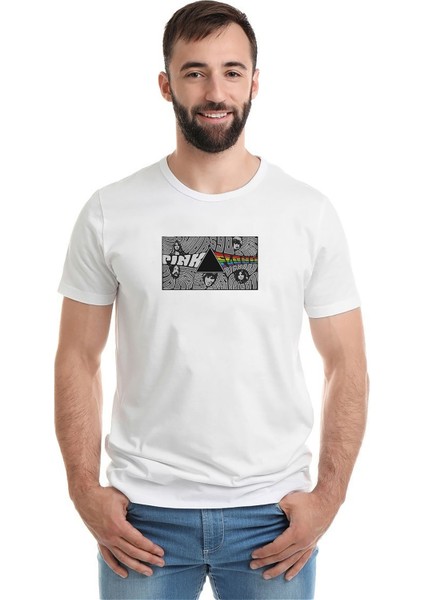 Pink Floyd The Pink Side Baskılı Beyaz Erkek Örme Tshirt