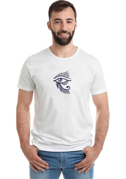 Ra'nın Gözü Eye Baskılı Beyaz Erkek Örme Tshirt