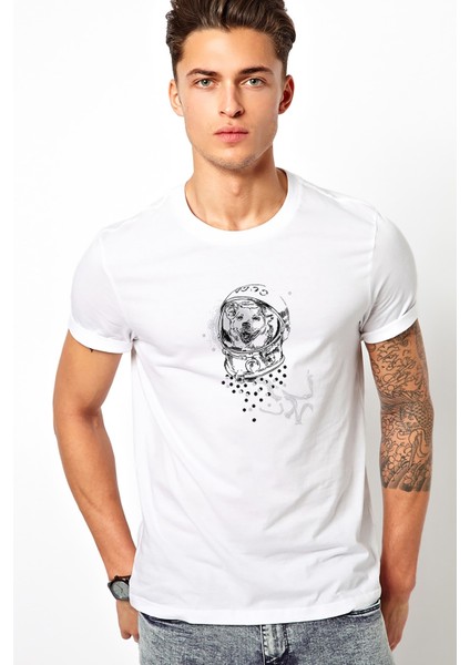 Laika First Dog In Space T Baskılı Beyaz Erkek Örme Tshirt