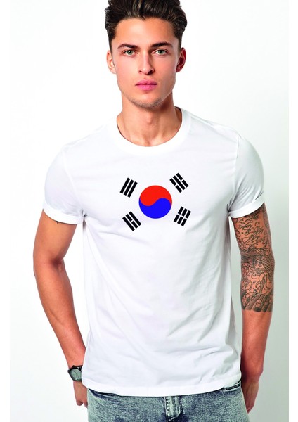 Güney Kore South Korea Baskılı Beyaz Erkek Örme Tshirt