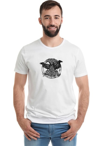 Viking Mitolojisi Odin Raven Baskılı Beyaz Erkek Örme Tshirt