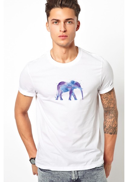 Mor ve Mavi Fil Boyama Fil Baskılı Beyaz Erkek Örme Tshirt
