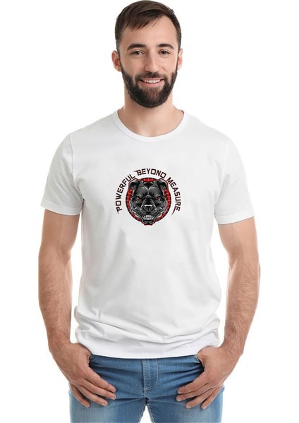 Pitbull Amblemi Powerful Beyondn Measure Baskılı Beyaz Erkek Örme Tshirt
