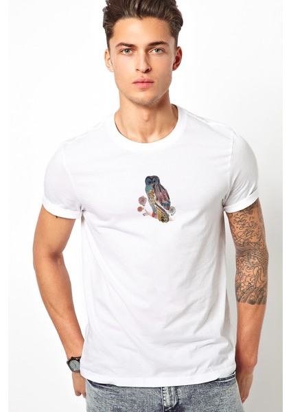 Kahverengi ve Deniz Mavisi Baykuş Illüstrasyon Baskılı Beyaz Erkek Örme Tshirt T-Shirt Tişört T Shir