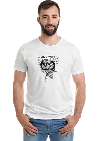 LED Zeppelin Icarus Baskılı Beyaz Erkek Örme Tshirt