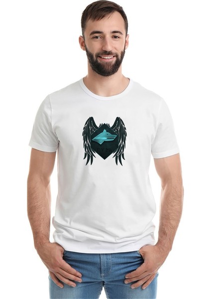 Selçuklu Mavi Kartalı Göktürk Baskılı Beyaz Erkek Örme Tshirt