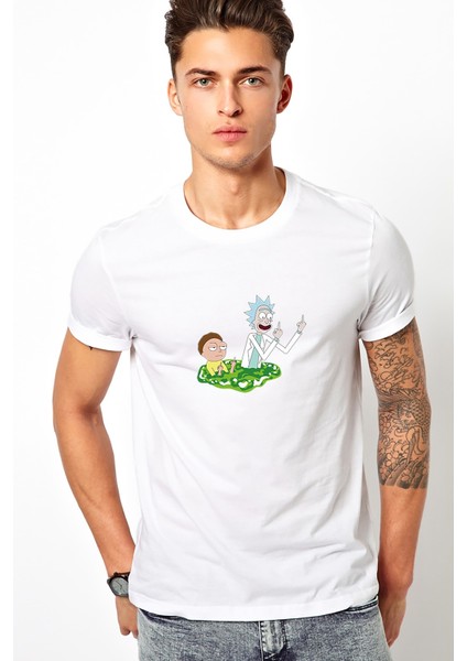 Rick ve Morty Rick Sanchez Morty Baskılı Beyaz Erkek Örme Tshirt