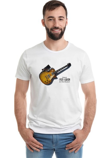 Original 1959 Les Paul Standard Baskılı Beyaz Erkek Örme Tshirt