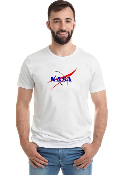 Nasa Rocket Logo Royalty Free Baskılı Beyaz Erkek Örme Tshirt