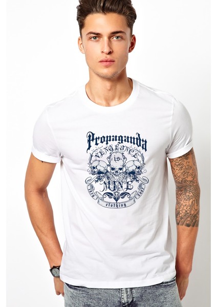 Propaganda ve Siyah Kurukafa Intikamı Baskılı Beyaz Erkek Örme Tshirt
