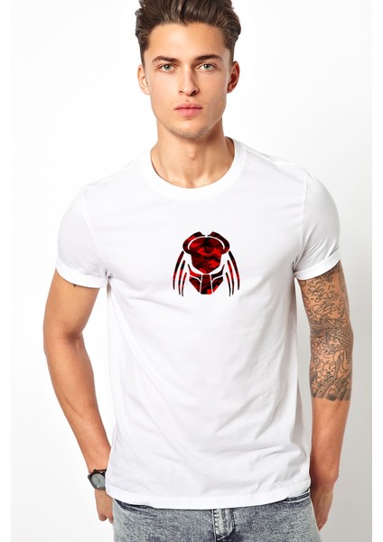 Kırmızı ve Siyah Kamuflaj Predator Illüstrasyon Baskılı Beyaz Erkek Örme Tshirt T-Shirt Tişört T Shi