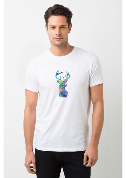 Watercolor Deer Color Baskılı Beyaz Erkek Örme Tshirt
