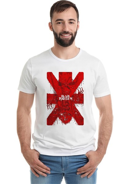 Iron Maiden x Metal Rock Muzik Baskılı Beyaz Erkek Örme Tshirt