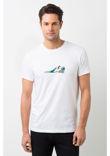 Man Surfing On Waves Clip Art Baskılı Beyaz Erkek Örme Tshirt