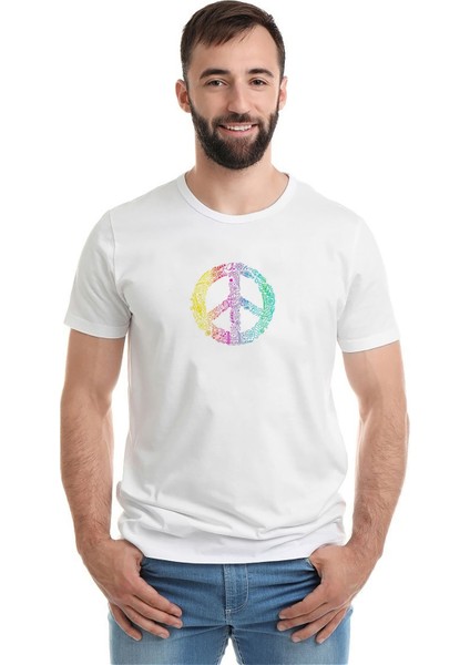 Peace Hippie Peace Symbols Baskılı Beyaz Erkek Örme Tshirt