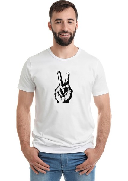 Zafer Işareti Baskılı Beyaz Erkek Örme Tshirt