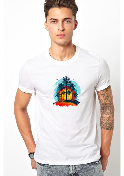 Palmiye Ağaçları Malibu Soyut Alacakaranlıkta Ada Baskılı Beyaz Erkek Örme Tshirt T-Shirt Tişört T S