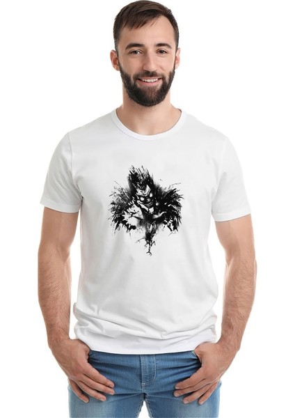 Death Logo Note Ryuk Işığı Yagami Baskılı Beyaz Erkek Örme Tshirt