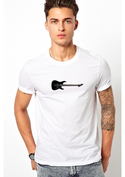 Esp Gitar Esp Kirk Hammett Elektro Baskılı Beyaz Erkek Örme Tshirt