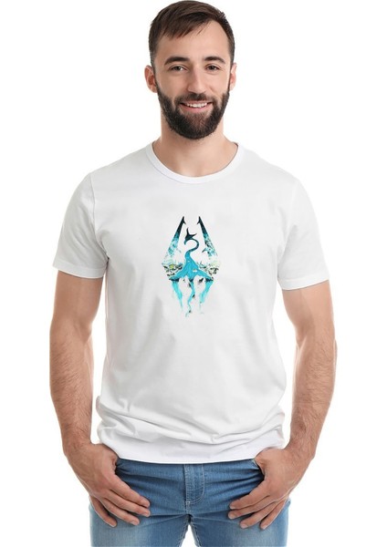 Minimalism Skyrim Background Metal Rock Music Baskılı Beyaz Erkek Örme Tshirt