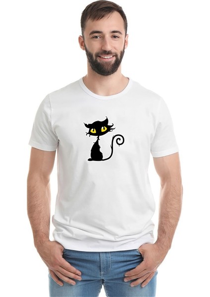 Kara Kedi Yavru Cadılar Bayramı Baskılı Beyaz Erkek Örme Tshirt