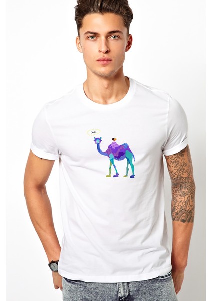 Camel Piramitleri Dromedary Deve Çöl Çizim Baskılı Beyaz Erkek Örme Tshirt
