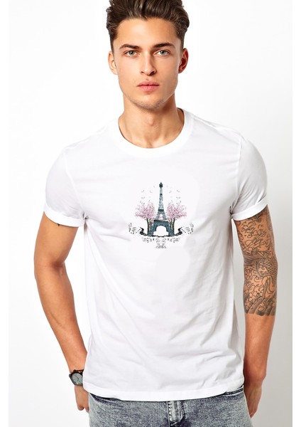 Eiffel Tower Paris Illustration Eiffel Tower Baskılı Beyaz Erkek Örme Tshirt