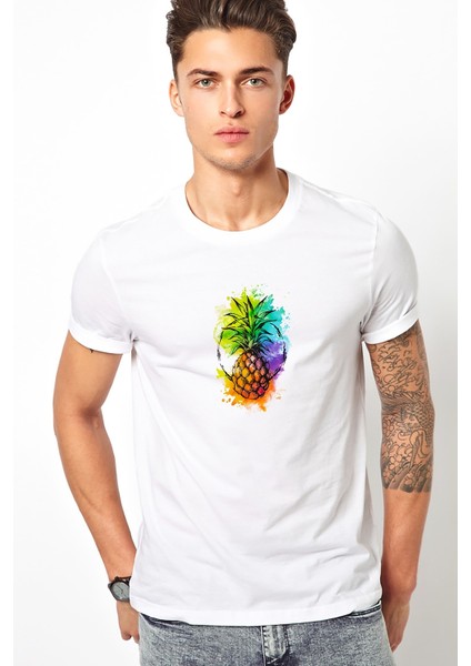 Ananas Kokteyl Suluboya Resim Punch Dövme Baskılı Beyaz Erkek Örme Tshirt