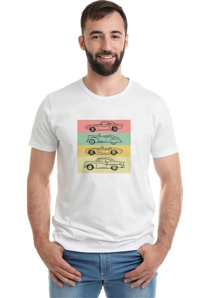 Eski Araba Nostalji Baskılı Beyaz Erkek Örme Tshirt