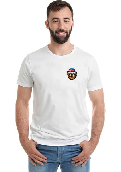 3D Gözlük 3 Boyutlu Gözlük Göğüs Baskılı Beyaz Erkek Örme Tshirt