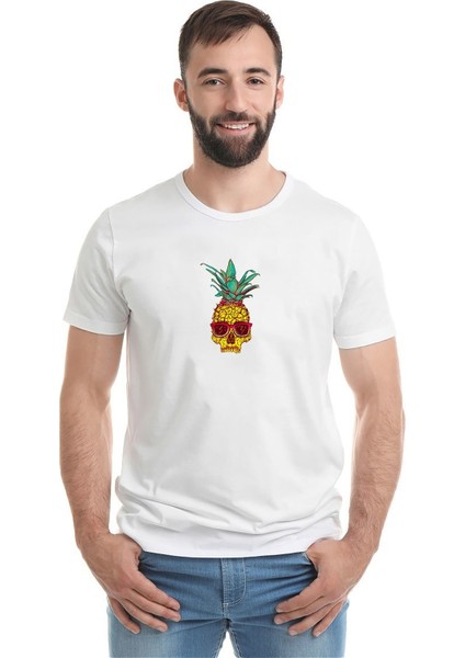 Ananas Kafatası Illüstrasyon Ananas Insan Kafatası Baskılı Beyaz Erkek Örme Tshirt T-Shirt Tişört T