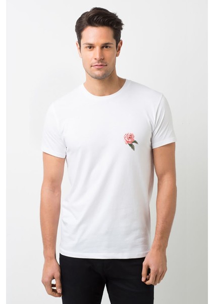 Çiçek Suluboya Boya El Boyaması Suluboya Baskılı Beyaz Erkek Örme Tshirt