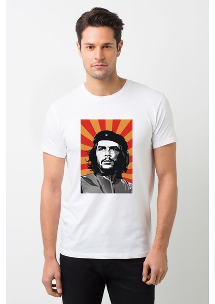 Che Guevara Red Yellow Baskılı Beyaz Erkek Örme Tshirt