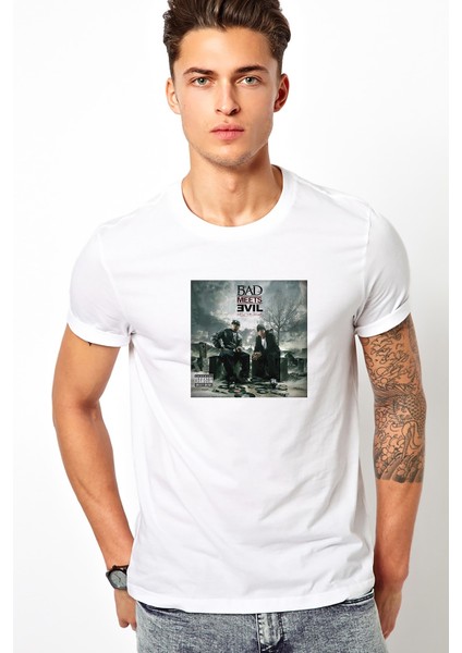 Bad Meets Evil Ep Cover Bad Baskılı Beyaz Erkek Örme Tshirt