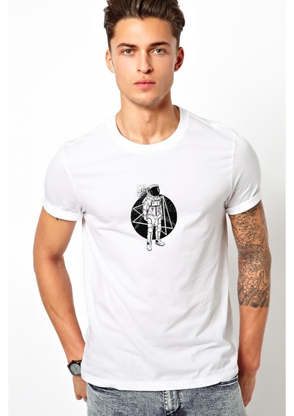 Astronaut Drawing Baskılı Beyaz Erkek Örme Tshirt
